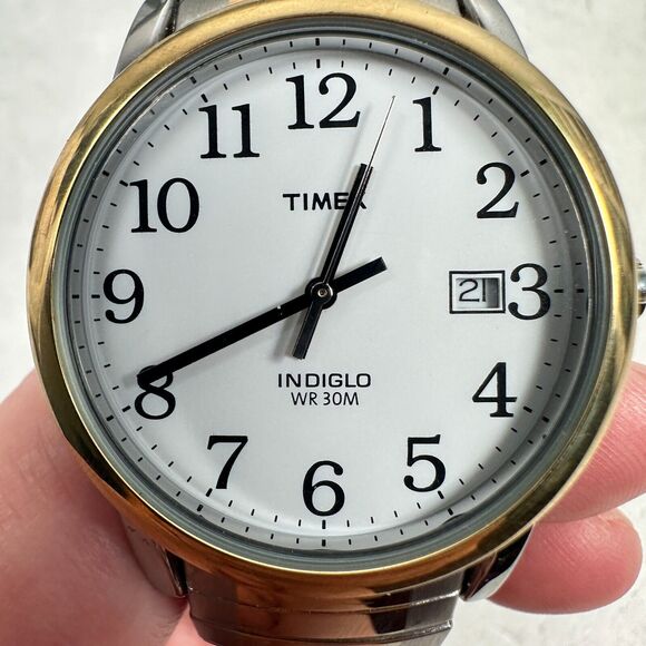 Timex Watch 35mm Date Indiglo Two Tone Stretchy Casual Classic New Battery - Picture 13 of 16